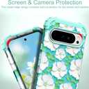 Hocase for Google Pixel 9 Pro XL Case, Shockproof Heavy Duty Protection Hard Plastic+Silicone Rubber Bumper Hybrid Protective Case for Google Pixel 9 Pro XL 6.8" 2024 - White Flowers in Teal