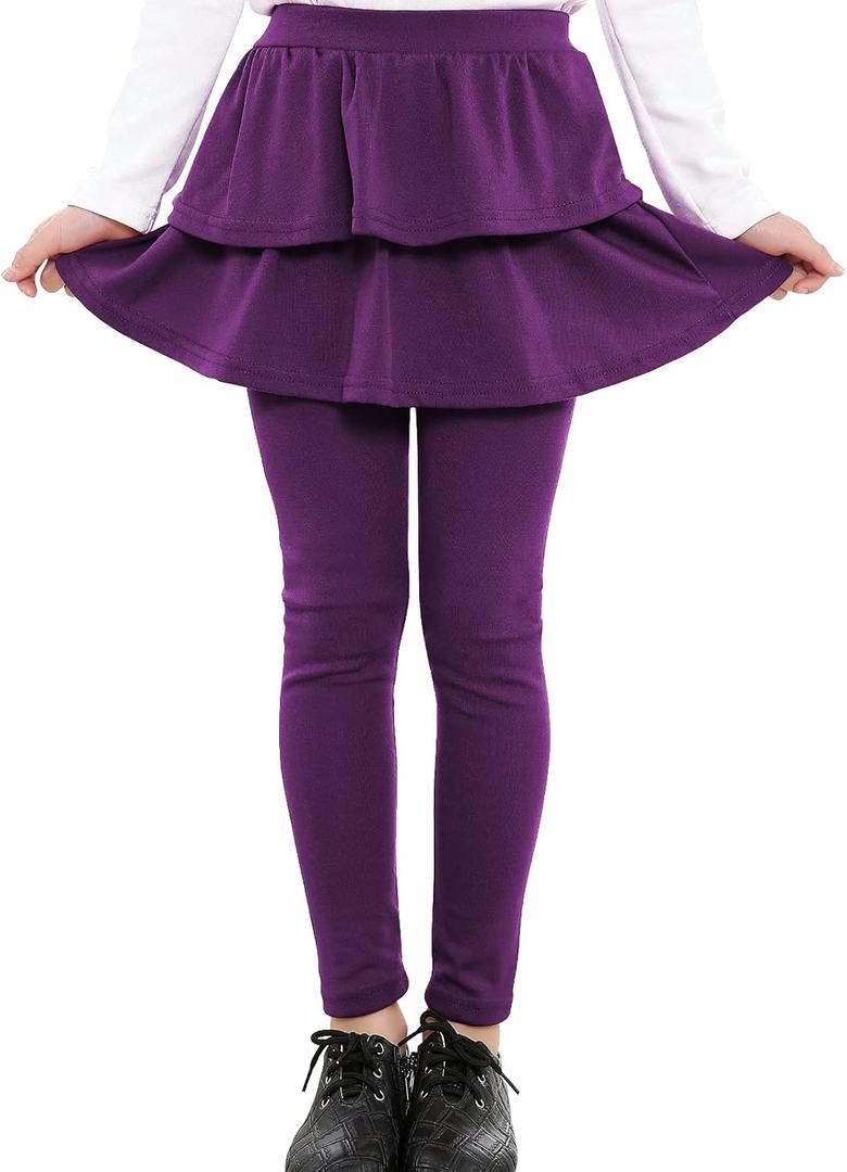 Auranso Girls School Uniform Pants Kids Clothes Ruffle Tutu Leggings with Skirt 2-14 Years (7-8 Years, Dark Purple)