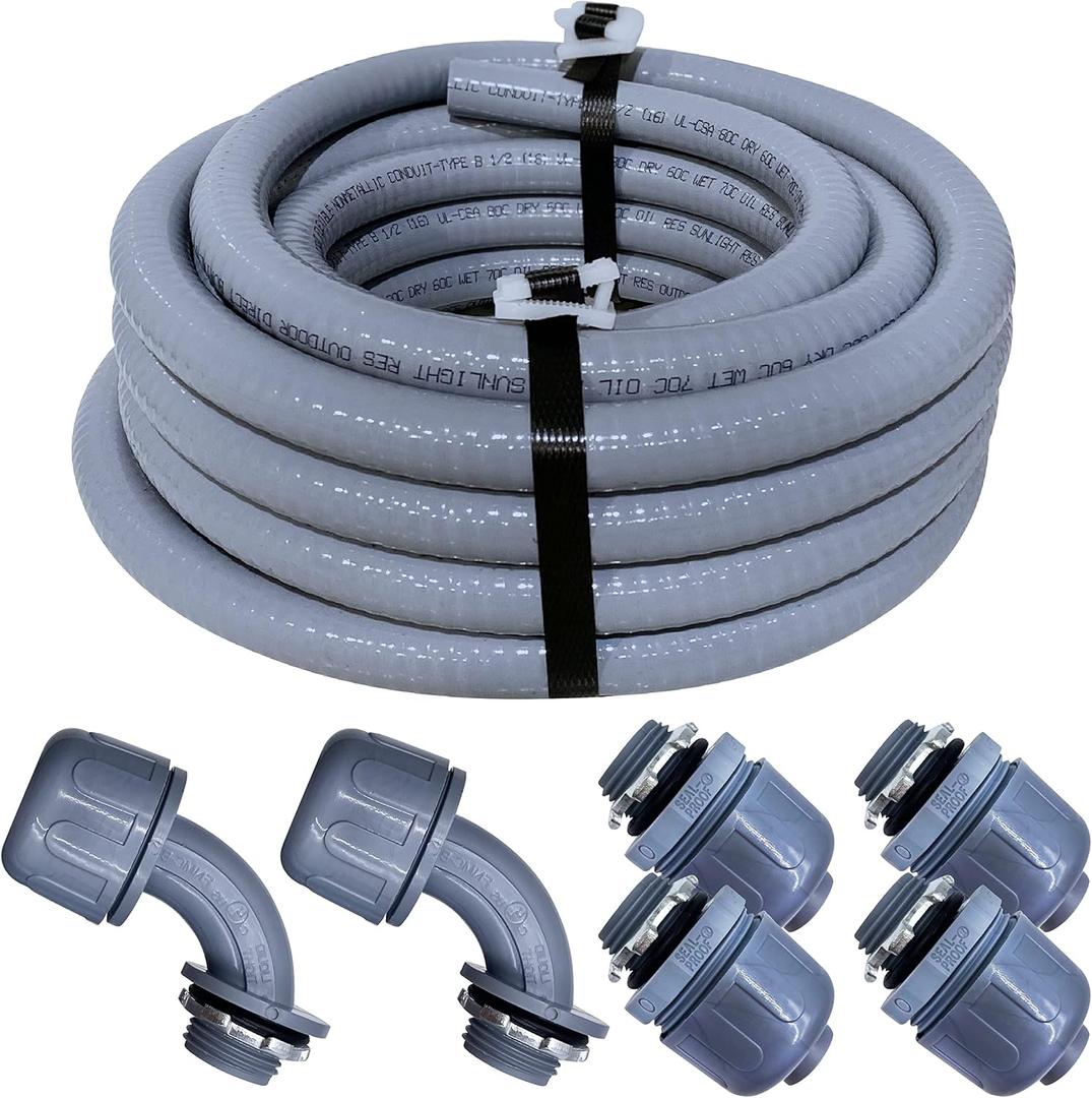 Sealproof 1-1/2 Inch Non-metallic Liquid-Tight Conduit and Connector Kit, 25 Foot Made in USA Flexible Electrical Conduit Type B with 4 Straight and 2 90-Degree Conduit Connector Fittings, 1.5" Dia
