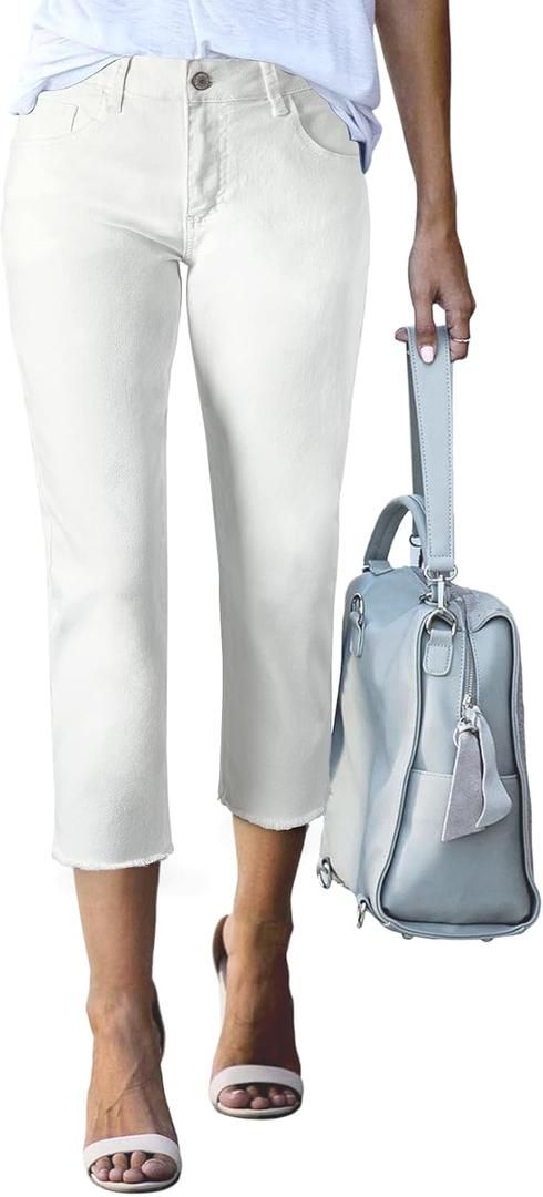Sidefeel Women's Capri Jeans High Waisted 2025 Summer Fashion Straight Leg Raw Hem Denim Capri Pants (10, White)