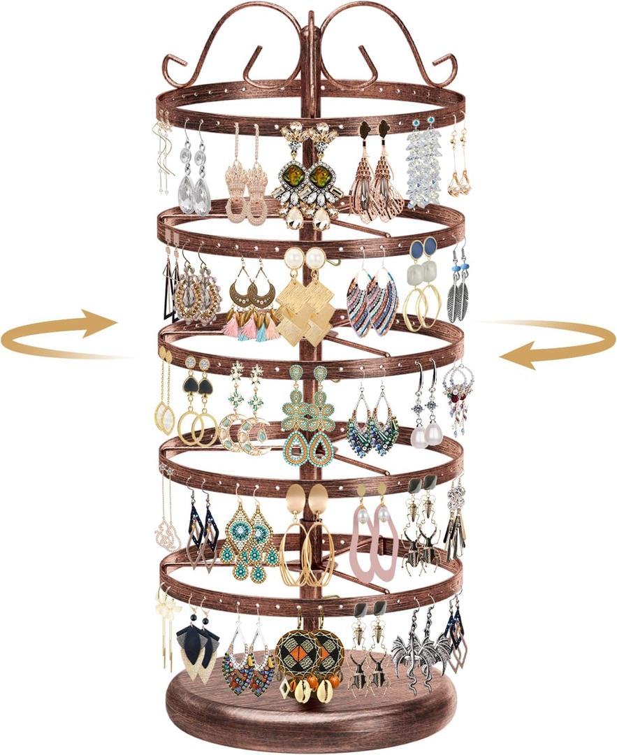 MODOWEY 5 Tiers Metal Rotating Earring Holder Organizer Stand Adjustable Display Tree, 220 Holes Large Carousel Rack for Stud Hoop Pierced Dangling Women Girls, Perfect View for All Earrings(Bronze)