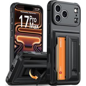 iPhone 17 Pro Wallet Case [4-5 Card Holder] [Kickstand] [Full Camera Protection] [RFID Blocking] [Military Grade Protection] Shockproof Rugged Case for iPhone 17 Pro, Black