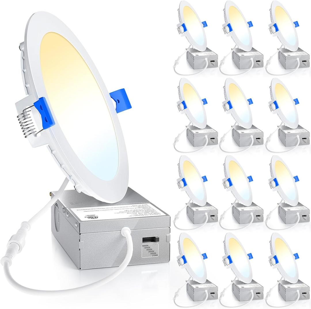 Ensenior 12 Pack 6 Inch Ultra-Thin LED Recessed Light with Junction Box, 2700K-6000K Selectable, 12W 110W Eqv, Dimmable, 1050LM High Brightness - ETL Certified (6000k/5000k/4000k/3500k/3000k/2700k - 6cct white)