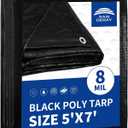 RAINDEWAY Small Black Tarp 5x7 Feet, UV Resistant, 8 Mil Multipurpose Medium Duty Waterproof Poly Tarp Cover with Metal Grommets and Reinforced Edges