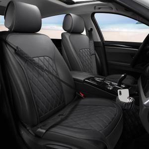 Sanwom Front Car Seat Covers - Leather Seat Covers with Storage Pocket and Two Belt Pads, Anti-Slip Waterproof Universal Seat Covers for Cars Fit Cars Trucks SUV(Black,2 Pack)