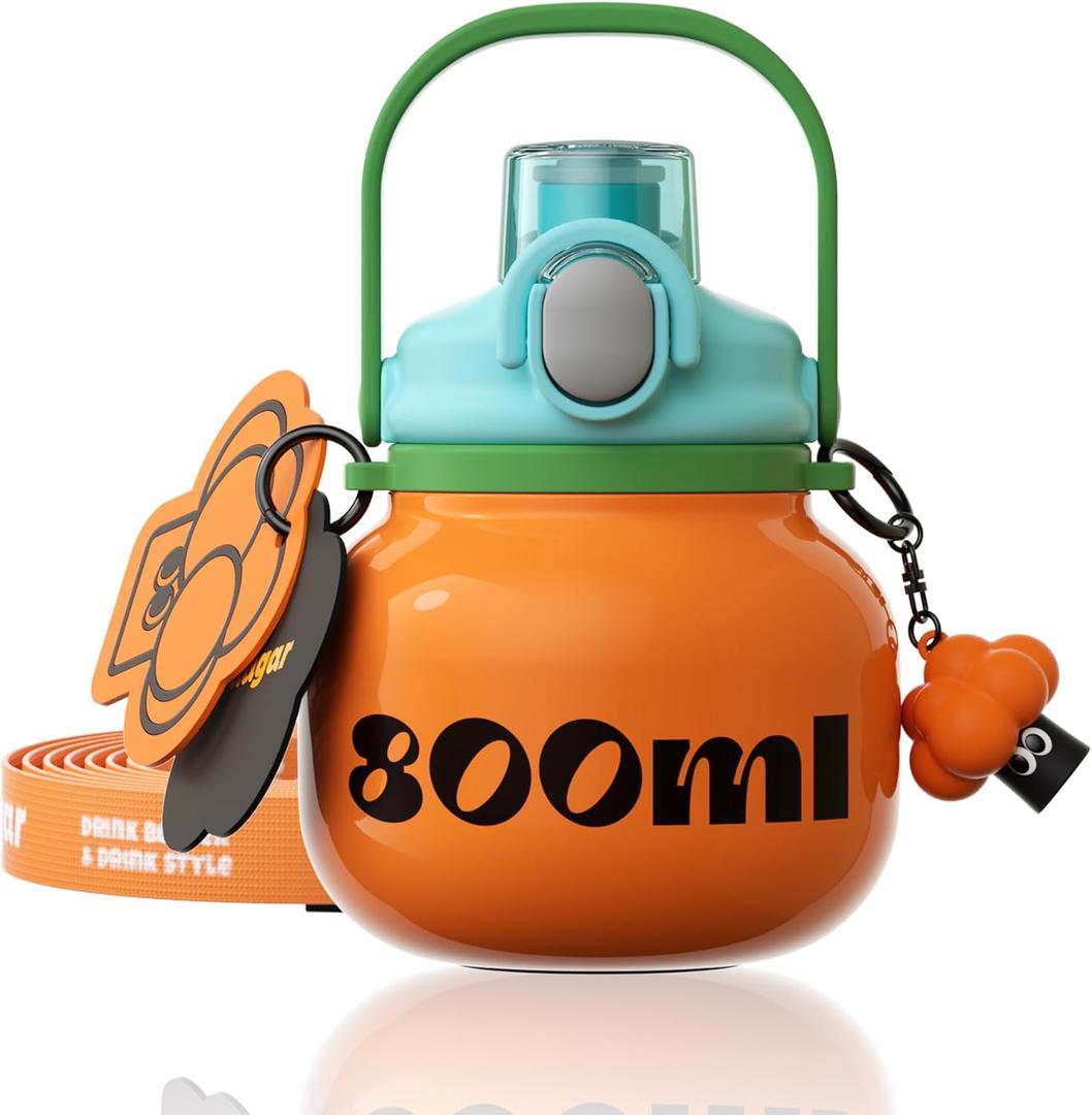 27 oz Aesthetic Water Bottle with Straw and Carry Handle, Chunky Wide Mouth Vacuum Insulated Stainless Steel Flask Taza Easy Carry, Trendy Portable Tumbler for School, Gym, Travel, Orange