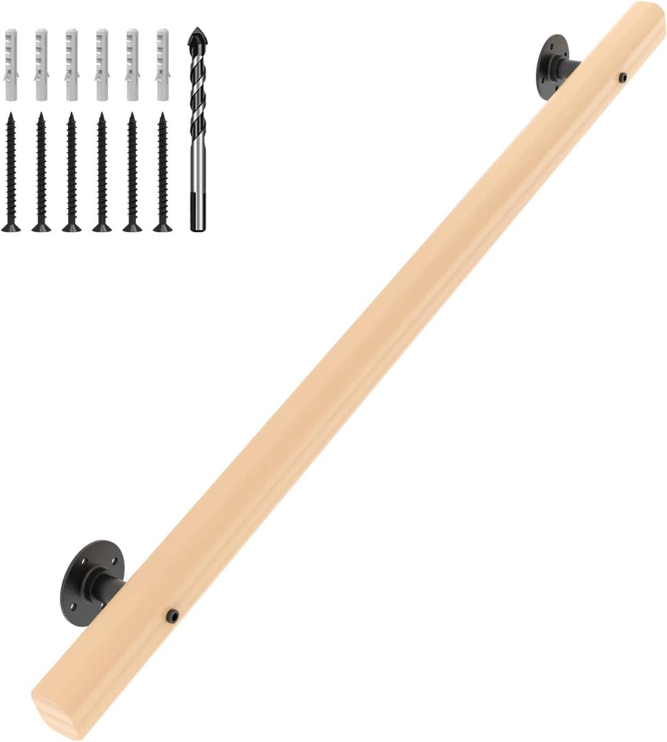 4 FT Wood Handrails for Indoor Stairs, Wall-Mounted Staircase Handrails for Indoor Outdoor Stairs, Non-Slip Stair Railing Indoor for Kids, Elderly, Pregnant Women, Disabled