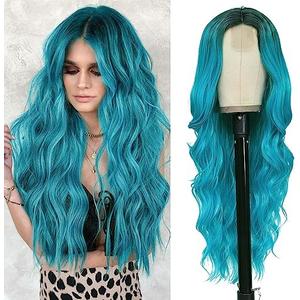 NAYOO Long Ombre Bluish Green Wavy Wig for Women 26 Inch Middle Part Curly Wavy Wig Natural Looking Synthetic Heat Resistant Fiber for Daily Party Use (Ombre Bluish Green)