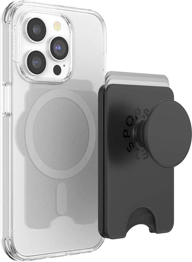 PopSockets Phone Wallet with Expanding Grip and Adapter Ring for MagSafe, Magnetic Phone Card Holder, Wireless Charging Compatible, Wallet Compatible with MagSafe/Samsung - Black