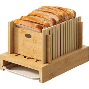 GHWIE Bamboo Bread Slicer with Adjustable Guide and Tray for Homemade Bread, Cakes, Bagels