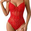 Avidlove Lingerie for Women Lace Bodysuit V Neck Body Suits One Piece Floral Teddy Lingeries Sexy Mesh Top Wireless Babydoll (Large, Red)