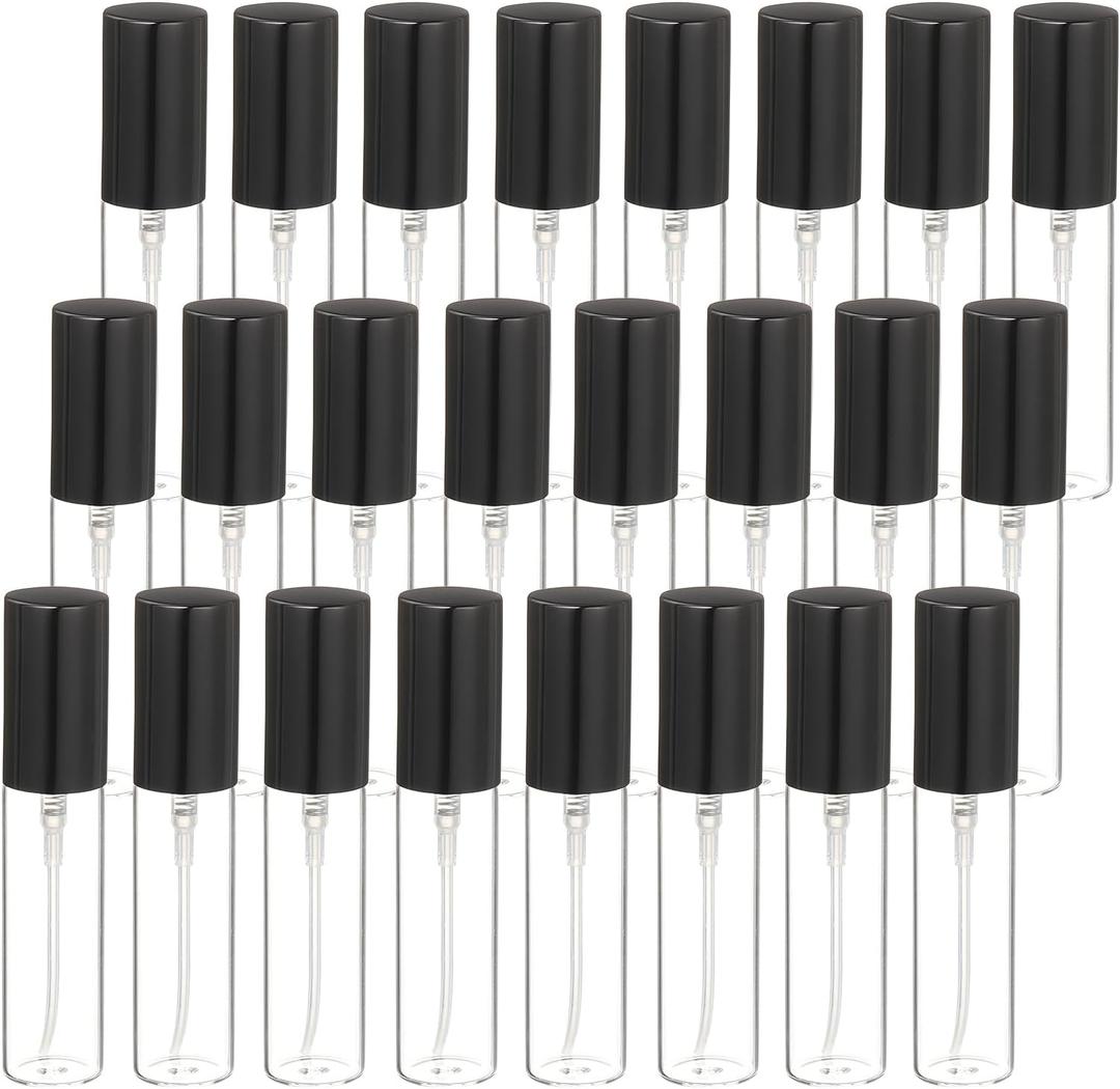 uxcell 7ml Glass Mini Perfume Bottles, 25Pcs Fine Mist Bottles Refillable Empty Mini Spray Bottles with Aluminized Nozzle for Perfume, Travel Liquid, Essential Oil (Clear/Black)