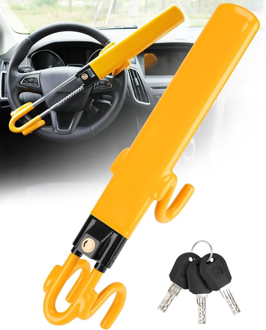 Tevlaphee Steering Wheel Lock - Heavy Duty Anti-theft Device and Car Security Lock with Adjustable Locking and 3 Keys - Great Vehicle and Truck Deterrent (Yellow)