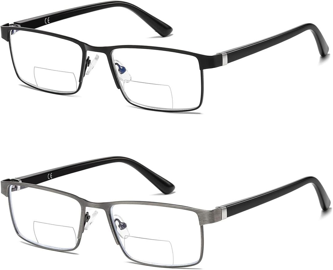 LKEYE Bifocal Reading Glasses Men Blue Light Computer Readers Clear Top Designer Metal Frame Fashion Spring Hinge Eyeglasses (2 Bifocals (Black)