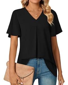 Anyally Women's Summer Dressy Chiffon Blouses V Neck Ruffle Short Sleeve Tunic Tops for Leggings Casual T-Shirts, L Black