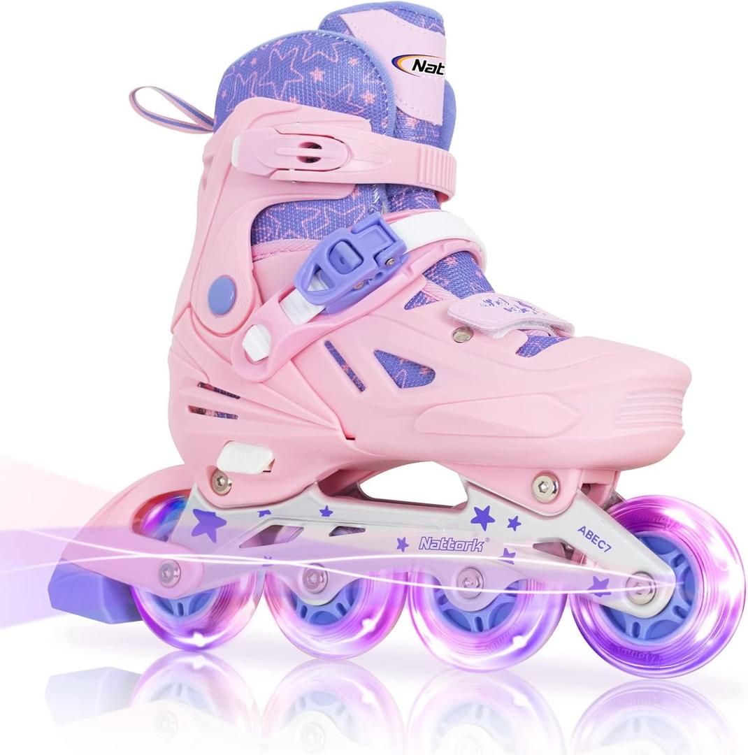 Nattork Inline Skates for Girls and Boys Kids, 4 Sizes Adjustable Inline Skates with Light up Wheels, Illuminating Beginner Roller Skates for Kids & Adult Youth (Large-Youth (5-8 US), pink)