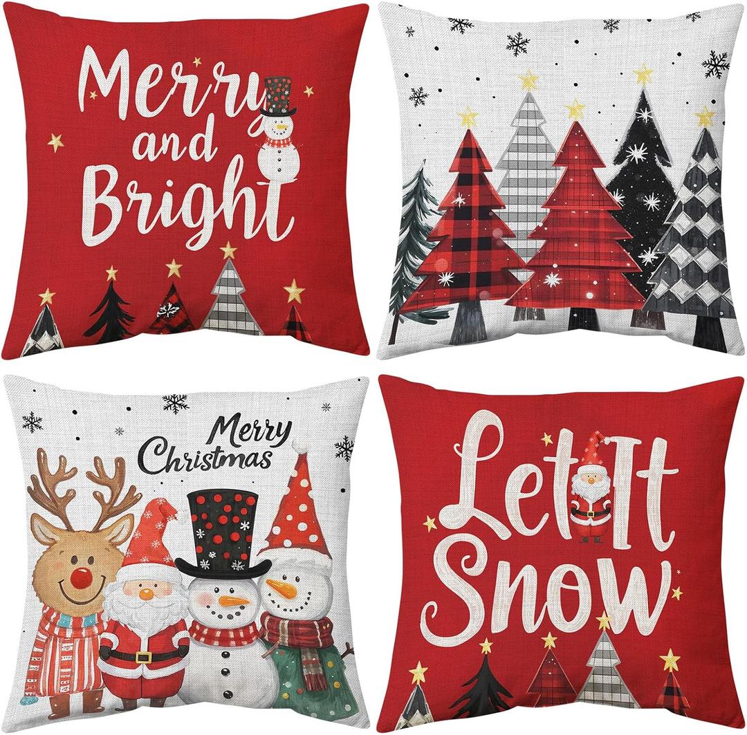 Christmas Pillow Covers 18x18 inch Set of 4, Christmas Decorations Cushion Covers, Xmas Pillow Covers, Pillowcases Throw Pillow Covers for Sofa Couch Home Decor