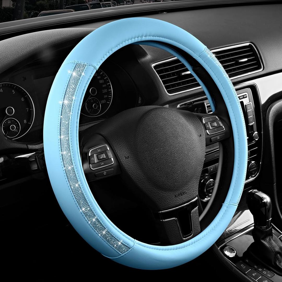 Road Comforts Steering Wheel Cover, Glitter Bling Leather Wheel Cover, Universal Fit 14.5"-15.5" Steering Wheels for Women & Girls, Anti-Slip Car Wheel Protector for Cars, Trucks, Vans, SUVs-Blue