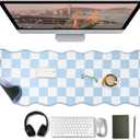 1 Pcs Blue Scalloped Checkered Desk Mat 31.5 x 11.8 Inch Large Cute Mouse Pad Computer Mat Non Slip Waterproof Rubber Base with Border Stitching Soft Keyboard Pad for Home Office Gaming Makeup