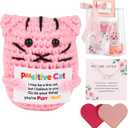 SEAPANHE Positive Crochet Cat Gift Set with Pendant Necklace, Heart Bookmarks & Encouragement Card  Portable Emotional Support Plush, Stress Relief Mini Toy for Women, Teens & Cat Lovers