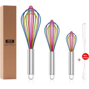 OYV Silicone Whisk,Professional Whisks For Cooking Non Scratch,Stainless Steel & Silicone Wisk,Plastic Rubber Whisk Tool For Nonstick Cookware,Silicon Wisks Set of 3,Rainbow,for Blending,Colorful.