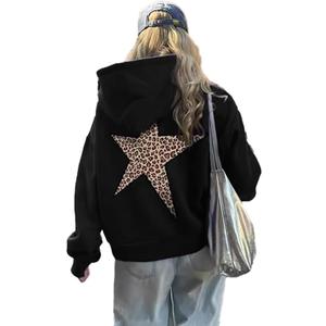 heyheyshine Star Graphic Hoodies Oversized Y2k Leopard Print Hooded Sweatshirt Cheetah Hoodie Streetwear Unisex Pullover Tops (Small, Black)