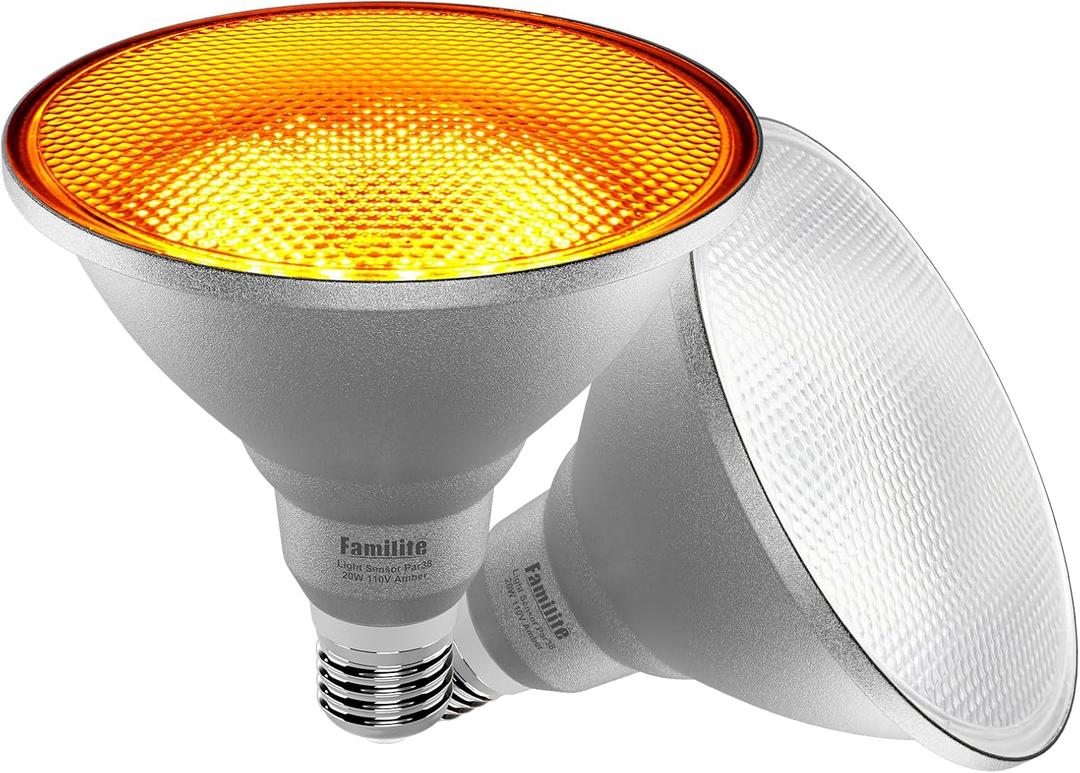 LED Bug Light Bulbs, 1900K Yellow Outdoor PAR38 Flood Lights, Dusk to Dawn Auto On/Off Porch Lights, IP65 Waterproof, Replace up to 100W for Garage Hallway Yard Porch, 2 Pack (Amber)