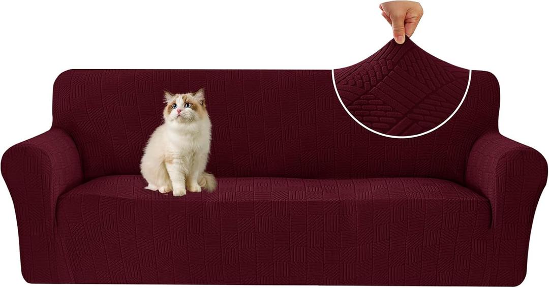 Stretch Sofa Covers for 3 Cushion Couch, Sofa Covers for Pets Washable Sofa Protector, 3 Seat Couch Slipcover with Non-Slip Elastic Bottom for Dogs (Sofa 73"-85", Burgundy)