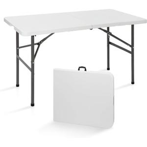 SUPER DEAL Portable 4 Foot Plastic Folding Table, Small Indoor Outdoor Heavy Duty Fold-in-Half Picnic Party Camping Barbecues Table with Carrying Handle, White