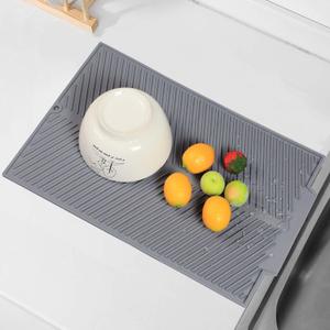 Dacthuw Silicone Dish Drying Mat for Kitchen Counter, 15''x 10'' Drying Mat with Drain Lip, Non-Slip Dish Drainer Mats with Built-in Drain, Heat Resistant Drain Pad on Countertop, Gray