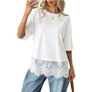 Verdusa Women's Lace Tops Y2k Oversized Tshirts Basic Tees Short Sleeve Summer Outfits Going Out Top (White, XL)