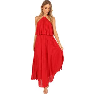 Petal & Pup Women's Gia Pleated Halterneck Maxi Dress (Medium, Red)