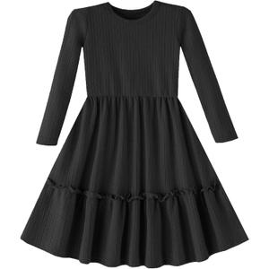 GSVIBK Toddler Girls Cotton Dress Long Sleeve Baby Girl Ruffle Ribbed Knit Sweater Dresses Fall Swing Skirt (Black)