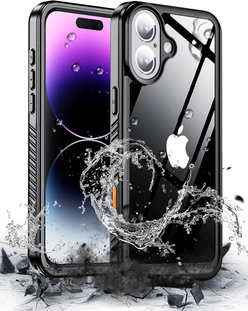 Hualele for iPhone 16 Case Waterproof, [12FT Military-Grade Drop Protection] [IP68 Water Resistance] Full Body Heavy Duty Rugged 360 Protective iPhone 16 Case 6.1 Inch Black