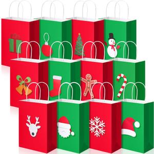 Tenceur 60 Pcs Christmas Gift Bags Bulk 12 Designs Holiday Kraft Paper Goody Treat Candy Bags with Handles Reusable Small Party Favors Wrapping for Xmas New Year Wedding Birthday Party Supplies