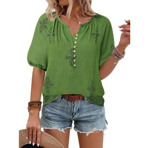 Unixseque Womens Summer Tops V Neck Short Sleeve Blouses Casual Button Down Shirts Floral Boho Clothing Trendy 2026 (L)