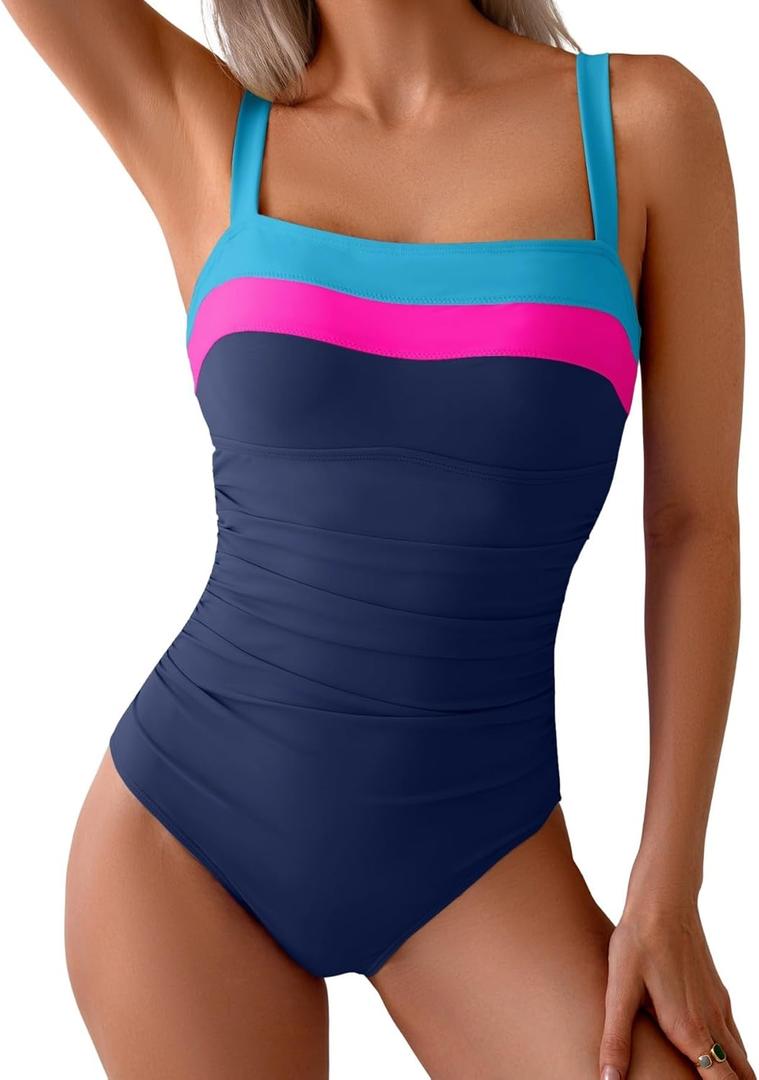 Eomenie Women's One Piece Swimsuit Tummy Control Ruched Bathing Suit Full Coverage Slimming Swimwear Color Block Swim Suit (Medium, Blue-Pink-Royal Blue)