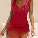 ANRABESS Women One Piece Swimsuits Tummy Control Ruffled Bathing Suit V Neck Mesh Sheer Swim Dress Beach Vacation Swimwear (Red, L)