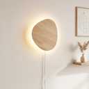 Modern Minimalist Plug in Wall Sconces, 9.4'' Plug-in Or Cordless Wood Backlight LED Wall Lamp, 12W, 1100LM Warm White Brightness Wall Light Fixtures for Bedroom, Living Room Wall Dcor