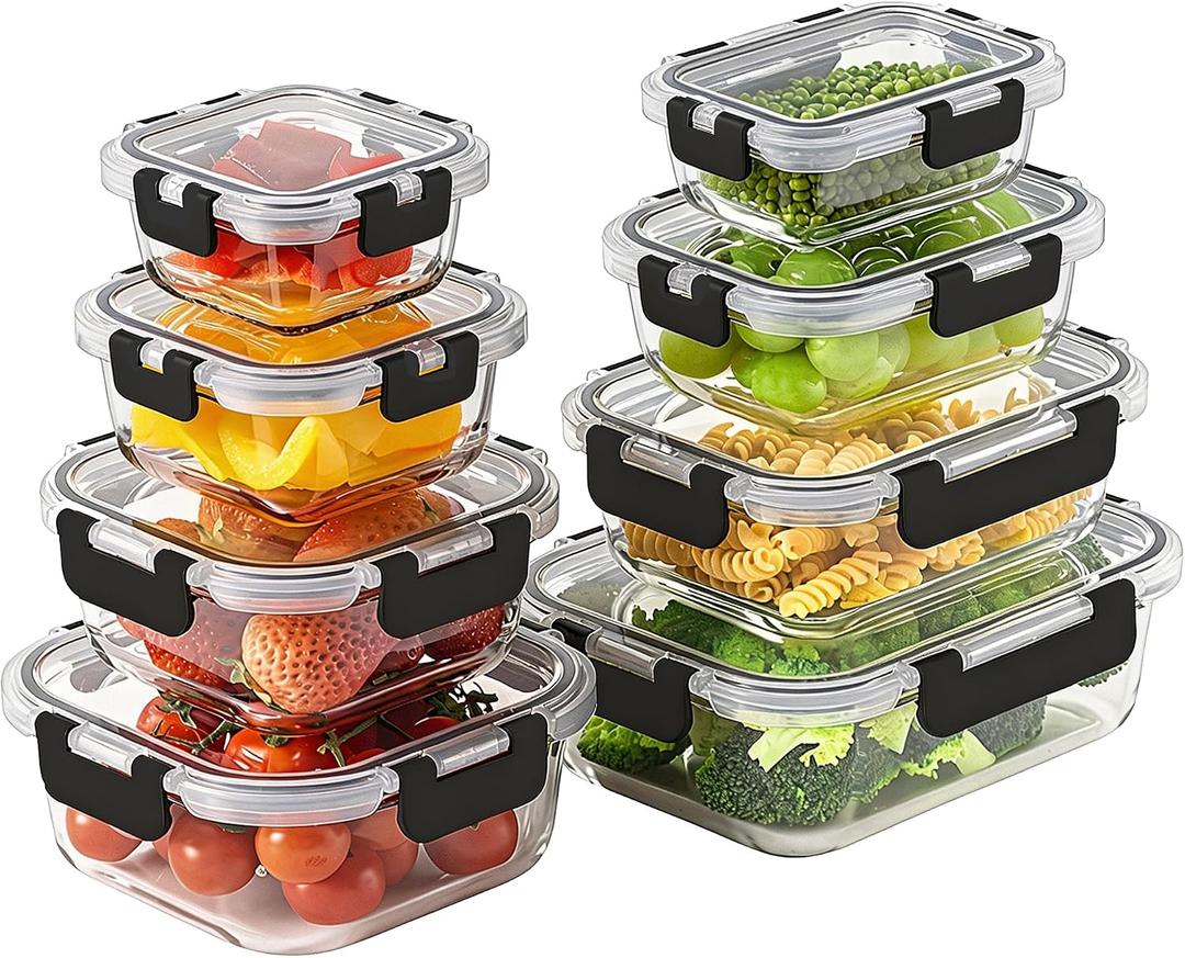 8 Pack Borosilicate Glass Food Storage Containers with Lids, Glass Meal Prep Containers, Airtight Bento Lunch Boxes with Snap Locks, Oven, Freezer and Dishwasher Safe, BPA Free, Kitchen Storage Set