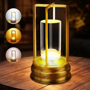 Cordless Table Lamp - Rechargeable LED Lamp with 2000mAh Battery, 3 Color Stepless Dimming & Touch Control, Portable Lamp for Indoor Outdoor, Bedroom, Restaurant, Bar, Patio, Camping, Gold