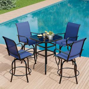 5 Piece Outdoor High Top Bar Set, 5 Pieces Outdoor Swivel Bar Set with 4 Swivel Chairs and Glass Top Table, All Weather Textile Fabric Outdoor Bar Height Chairs and Table Set of 5 for Deck