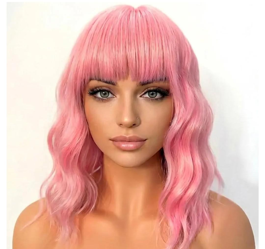 Synthetic Pink Bob Wig with Bangs for Women Loose Wavy Wig Shoulder Length Cosplay Daily Party Wig for Women (Pink, Short)