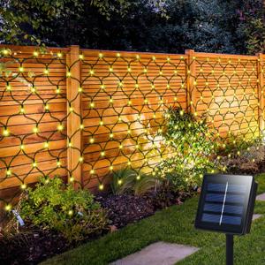 Solar Net Lights Outdoor, 100 LED 5Ft x 5Ft Bush Net Light Outdoor Mesh Lights Auto On/Off 8 Modes for Tree Fence Backyard Bush Decor (Warm White)