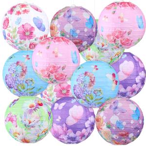 Panelee 12 Pcs Spring Party Decorations Butterfly Floral Paper Lanterns 8 Inches Hanging Round Pink Purple Flower Paper Lanterns for Summer Tea Party Baby Shower Wedding Bridal Ceiling Decor Supplies
