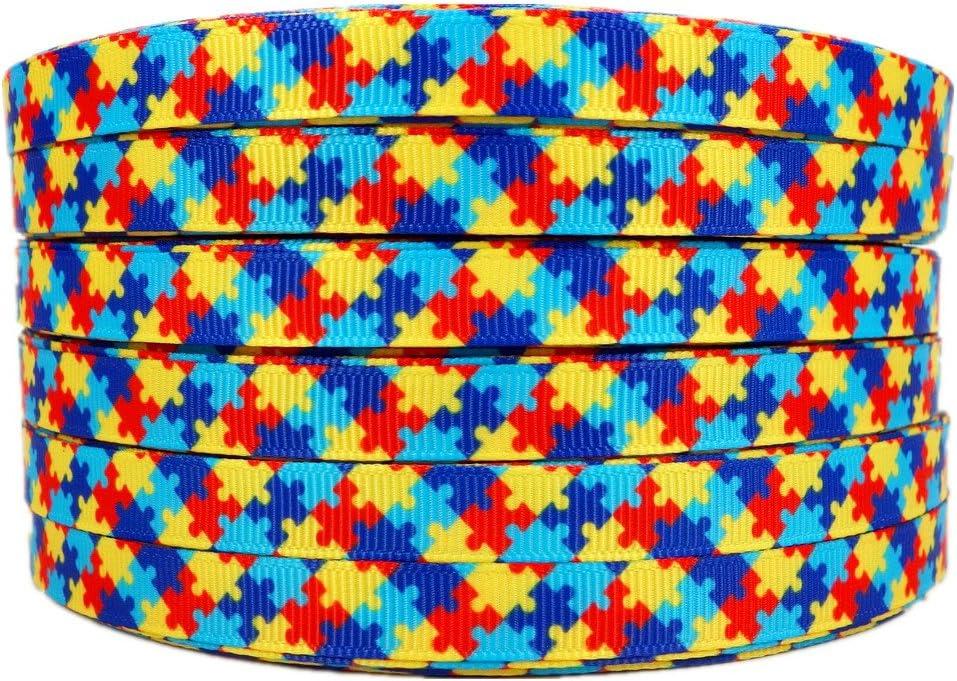 50 Yards 3/8 Inch Autism Awareness Puzzle Printed Grosgrain Ribbon Hairbows Craft Supplies