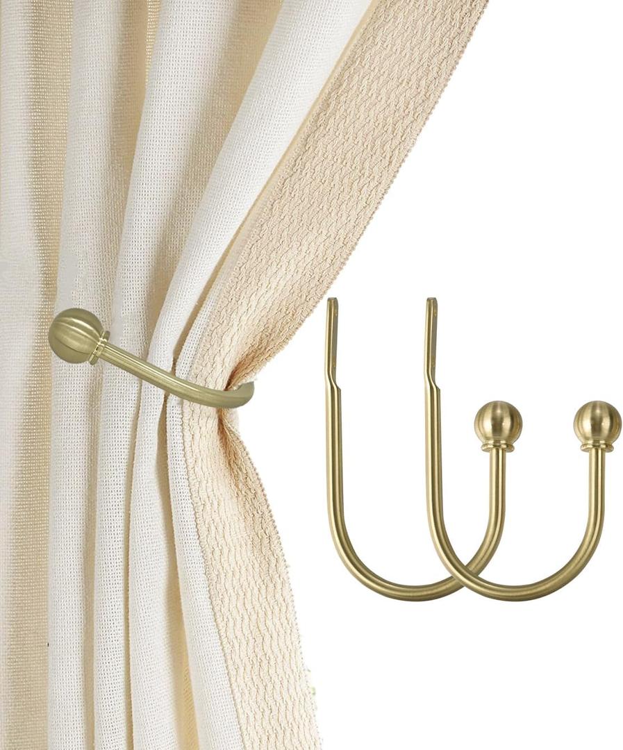 ARNORX Curtain Holdbacks, Hooks, 2 PCSSolid Steel Hooks, Decorative French Ball End, Curtain Drapery Holdbacks, Wall Mounted, Curtain Tiebacks, Brass Brushed
