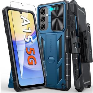 FNTCASE for Samsung Galaxy A15-5G Case: Rugged Protective Phone Cases with Kickstand & Holster | Military Grade Shockproof Protection Sturdy Heavy Duty Drop Proof Hard Covers 6.5 inch Blue