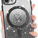 KANGHAR for iPhone 12 Pro Case, Support for MagSafe [Four Corner Cushion Series] Love Heart Pattern Electroplate Edge Shockproof Durable Full Body Protection for Girls Women -Black