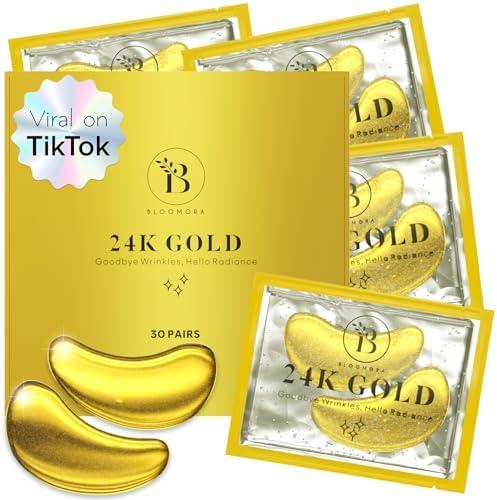 BLOOMORA 24K Gold Under Eye Patches (30 Pairs) - For Dark Circles & Puffiness - Hydrating Eye Mask for a Revitalized Look